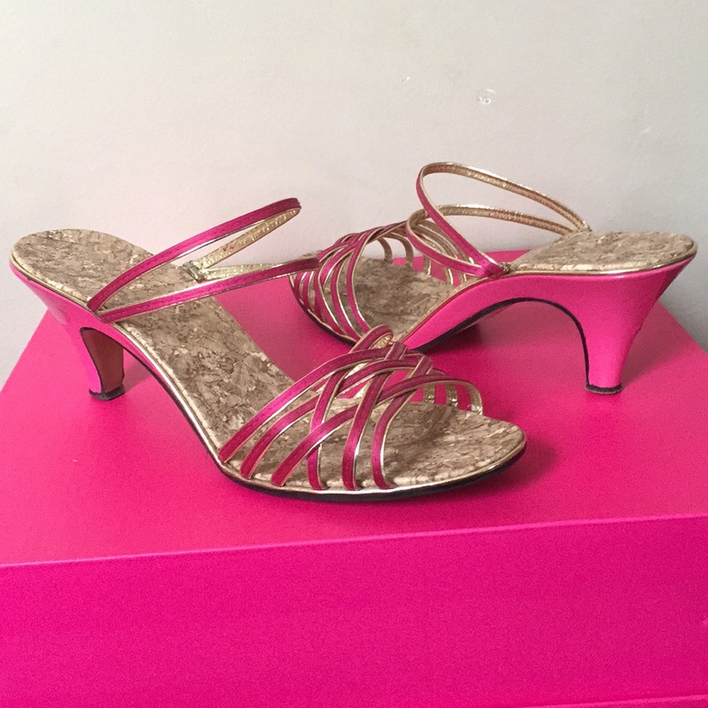 Pink and gold kitten heel sandals